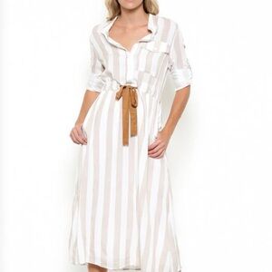 Esley  BEIGE STRIPED‎ WHITE SHIRT DRESS M